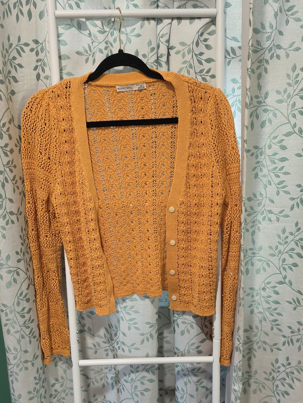 Black Tape_ Open-Knit Mustard Yellow Button-Front Cardigan
